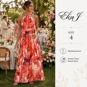 Eliza J Floral Maxi Dress Womens 4 Coral Halter Pleated Chiffon Wedding Guest